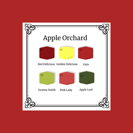 Polymer Clay Color Palette Fancy Apple Orchard.  A black and white Victorian frame around 6 hexagons in shades of reds and greens