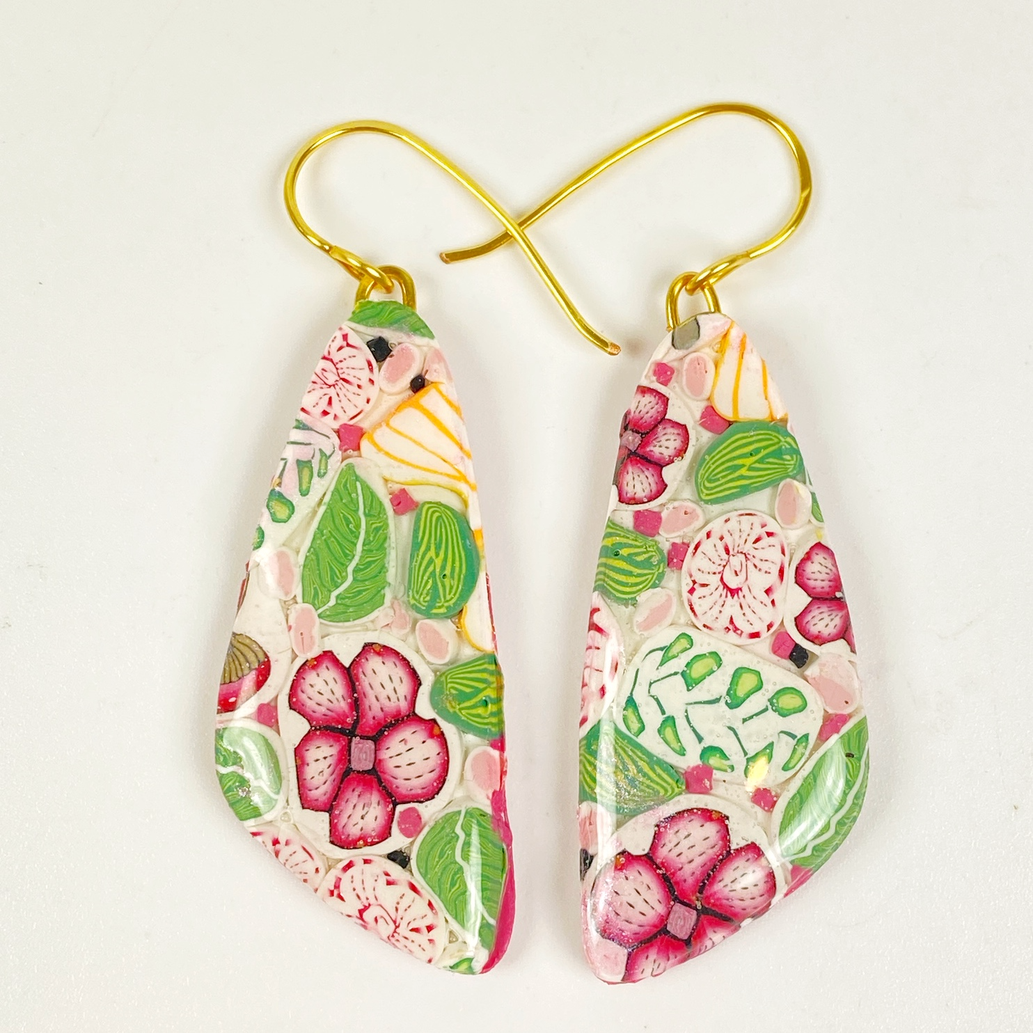 Pink Woodlands Handmade Polymer Clay Drop Earrings on a white background