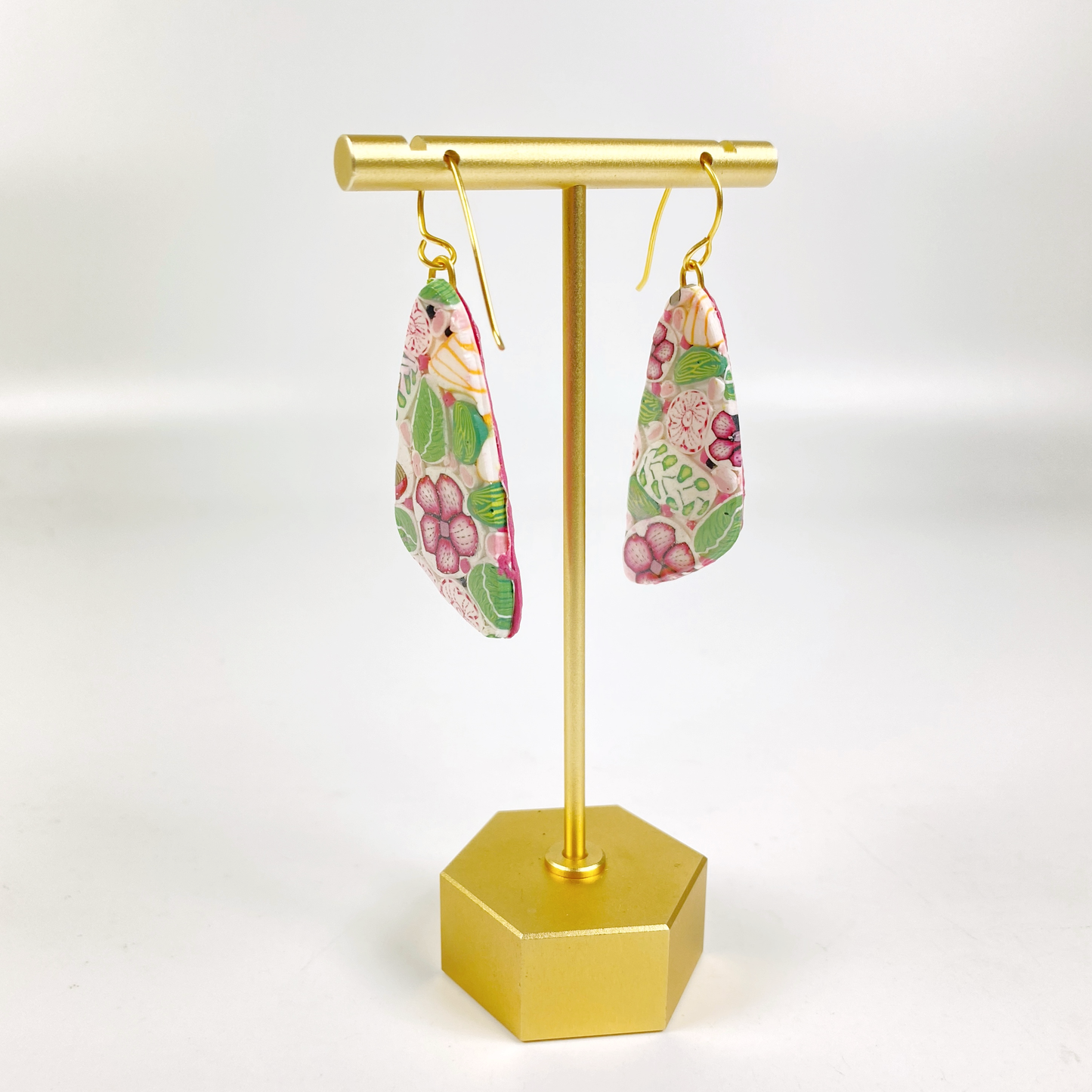 Pink Woodlands Handmade Polymer Clay Drop Earrings on a brass earring stand