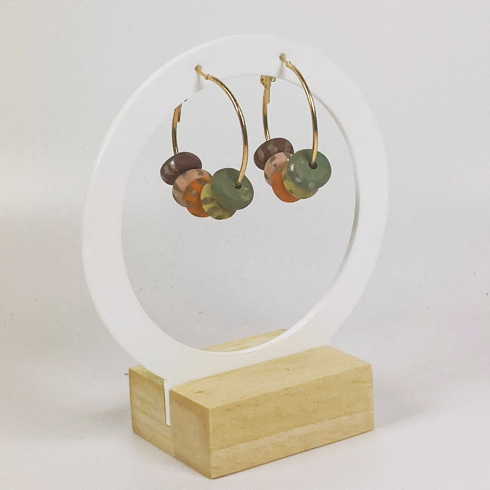 Handmade Polymer Clay Small Hoop Earrings with Autumn Beads on acrylic earring display