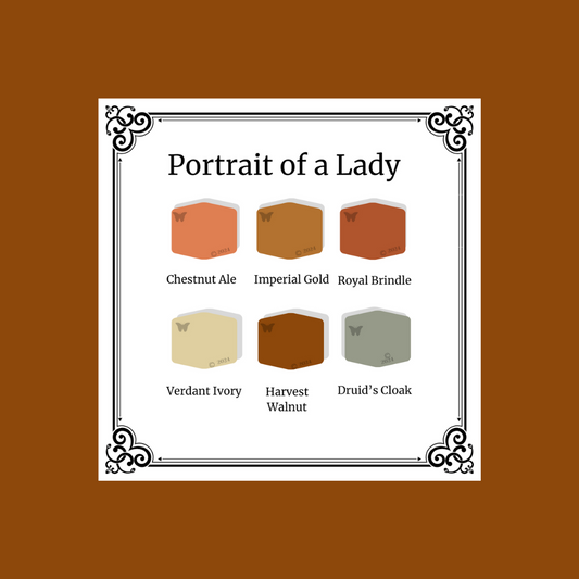 Portrait of a Lady Palette Polymer Clay Color Mixing Tutorial all 6 colors on a rich brown background.
