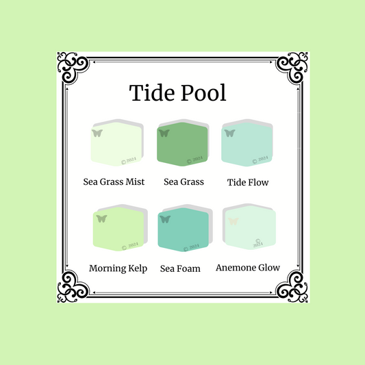 Tide Pool Palette, all 6 colors shown on a pale green backgorund